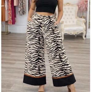 HM Women's Tiger Print Wide Leg Pants High Rise Elastic Waist Animal Print SZ 10